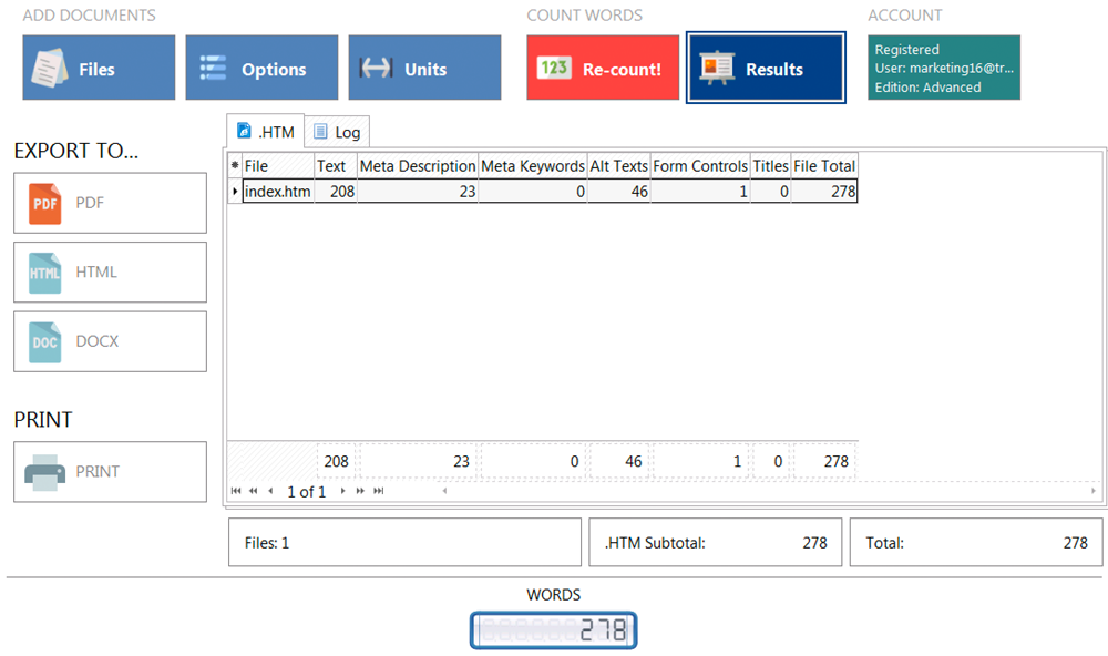 HTML word count results with Anycount