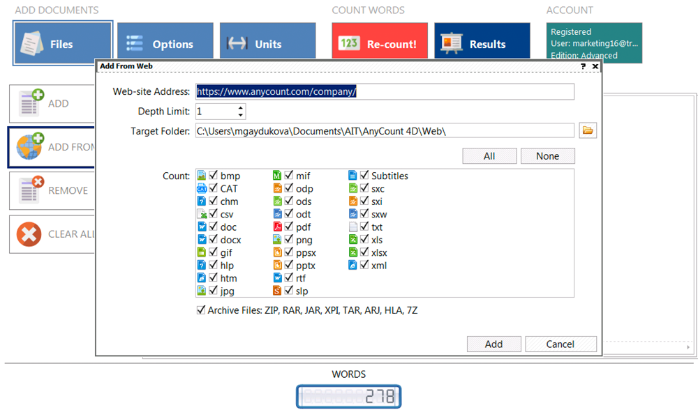 Word count on web-page with Anycount