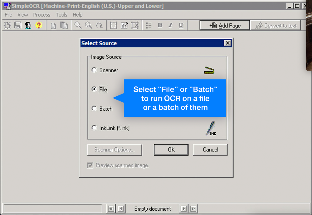 Select "File" or "Batch" to run OCR on a file or a batch of them.