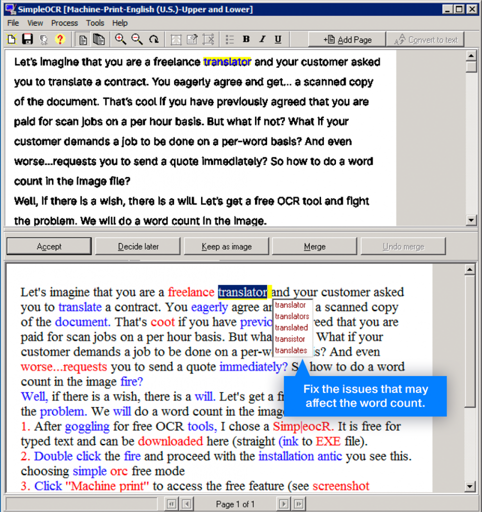 Fix the issues that may affect the word count using a suggestion tool.