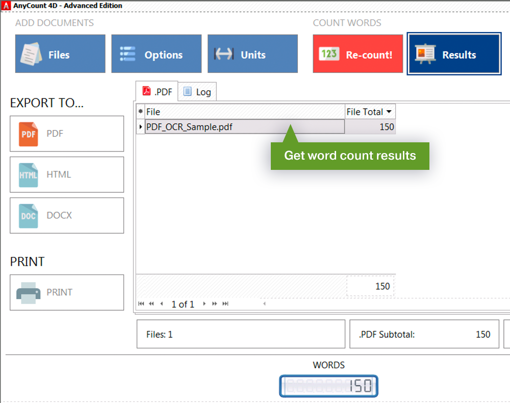 PDF OCR word count results