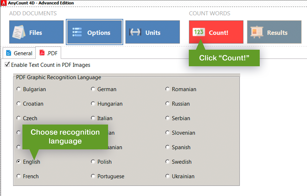 Select language for PDF OCR word count