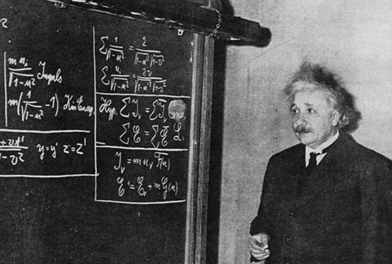 Albert Einstein counts words on the chalkboard