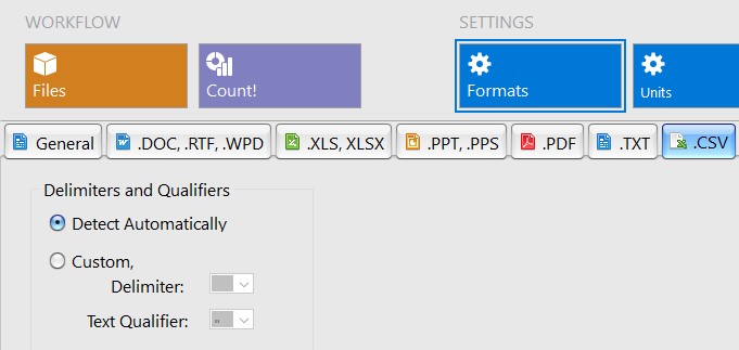 Settings for word count in csv