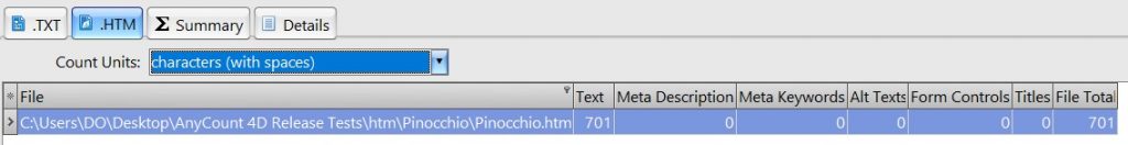 Counting characters with spaces in htm pinocchio