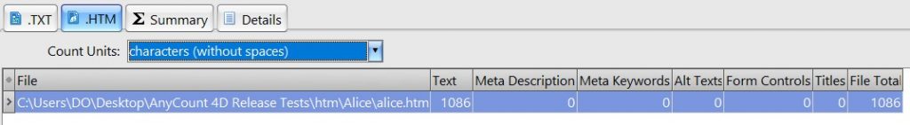 Counting characters without spaces in htm alice
