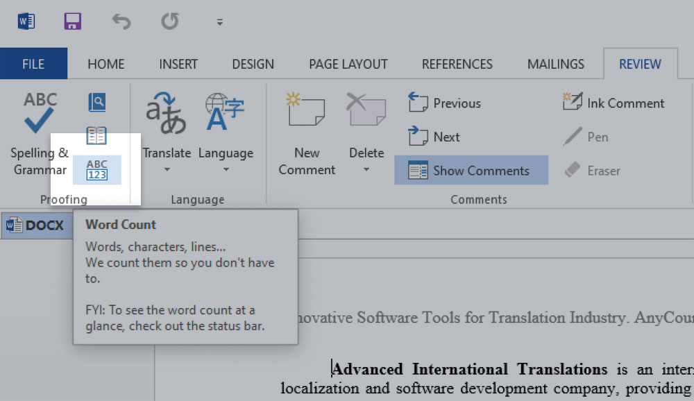 Word and character count in Microsoft Word 2013