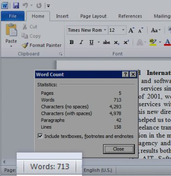 How do you know a word count in Microsoft Word 2010?