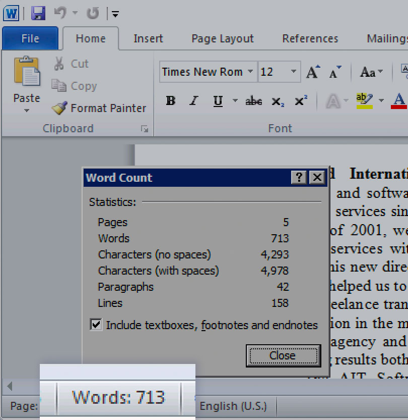 Microsoft Word 2010 status bar word-count