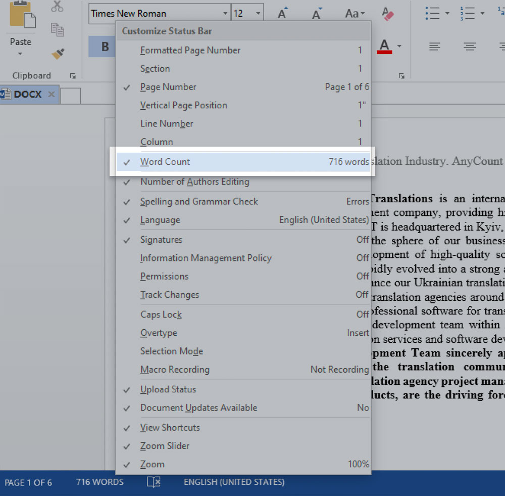 Word-count drop-down list in Microsoft Word 2013