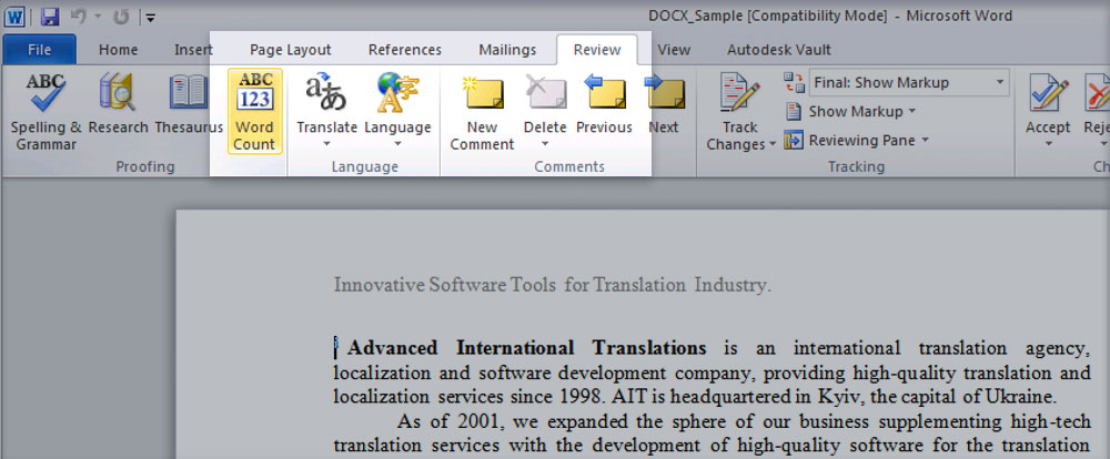 Word-count menu in Microsoft Word 2010