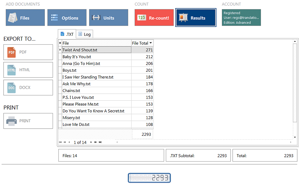 Word count of songs with AnyCount