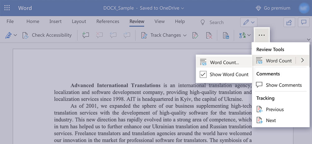 Word-count in word online condensed window