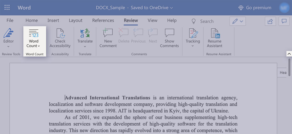 Word-count in Microsoft Word online tools bar