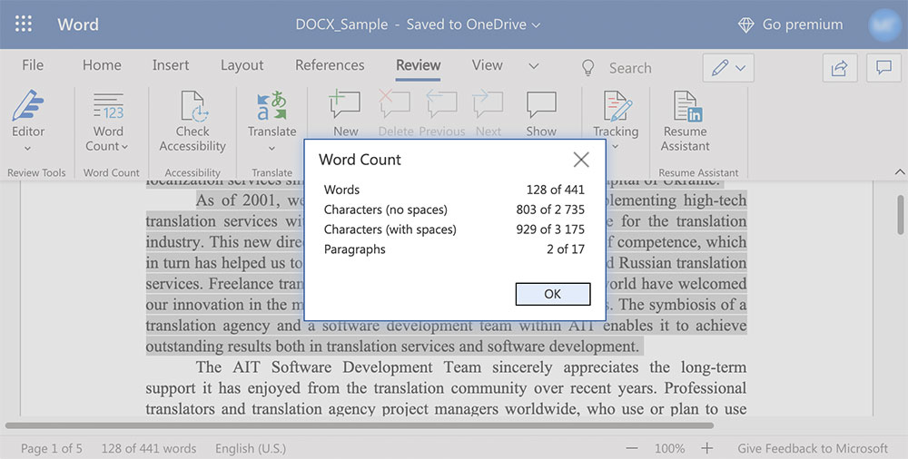 Word-count Microsoft Word online selected part