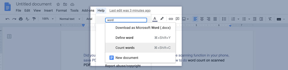 Word count with Search bar in Google Docs