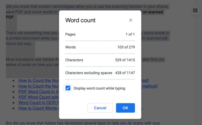 Google Docs word count window