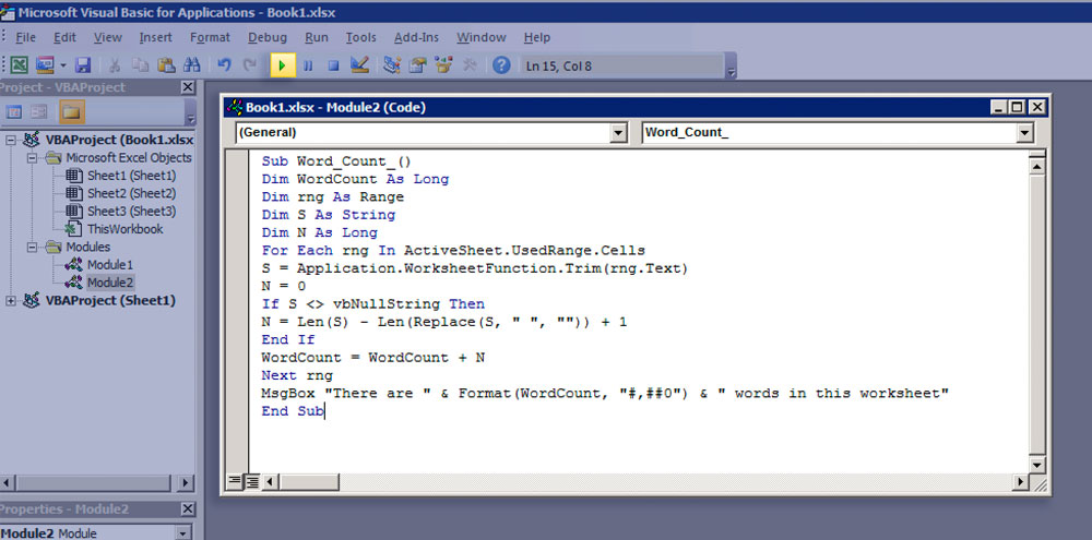 Run the VBA code for word count in Excel