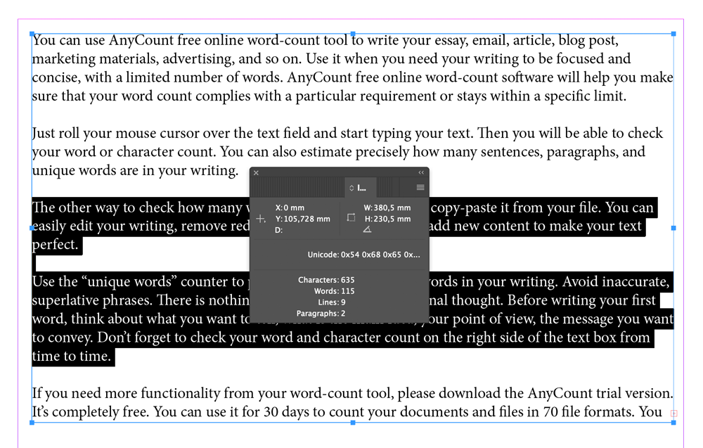 Indesign word count in selected part